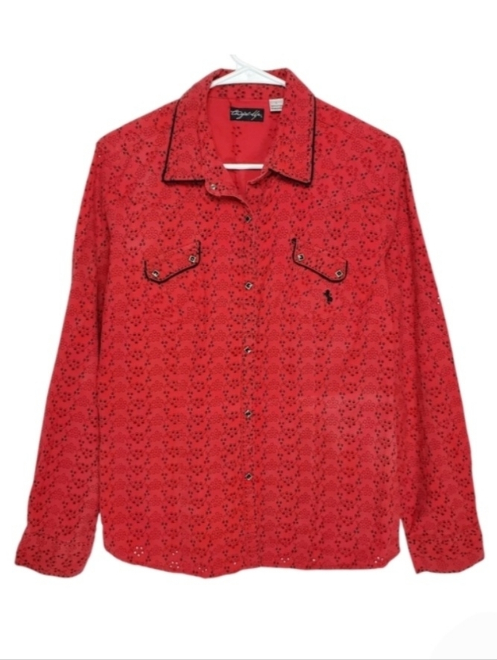 2566 * Cowgirl Up Eyelet Western Shirt Square Snap Buttons Red Black Size L
